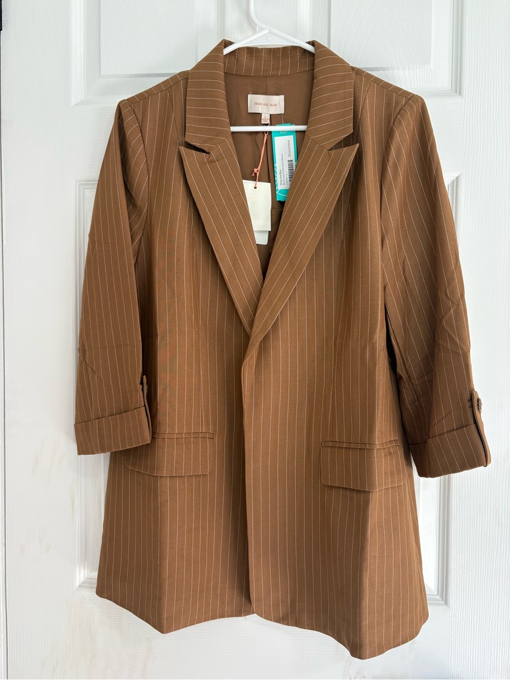 Skies Are Blue Brown Pinstripe Longline Blazer